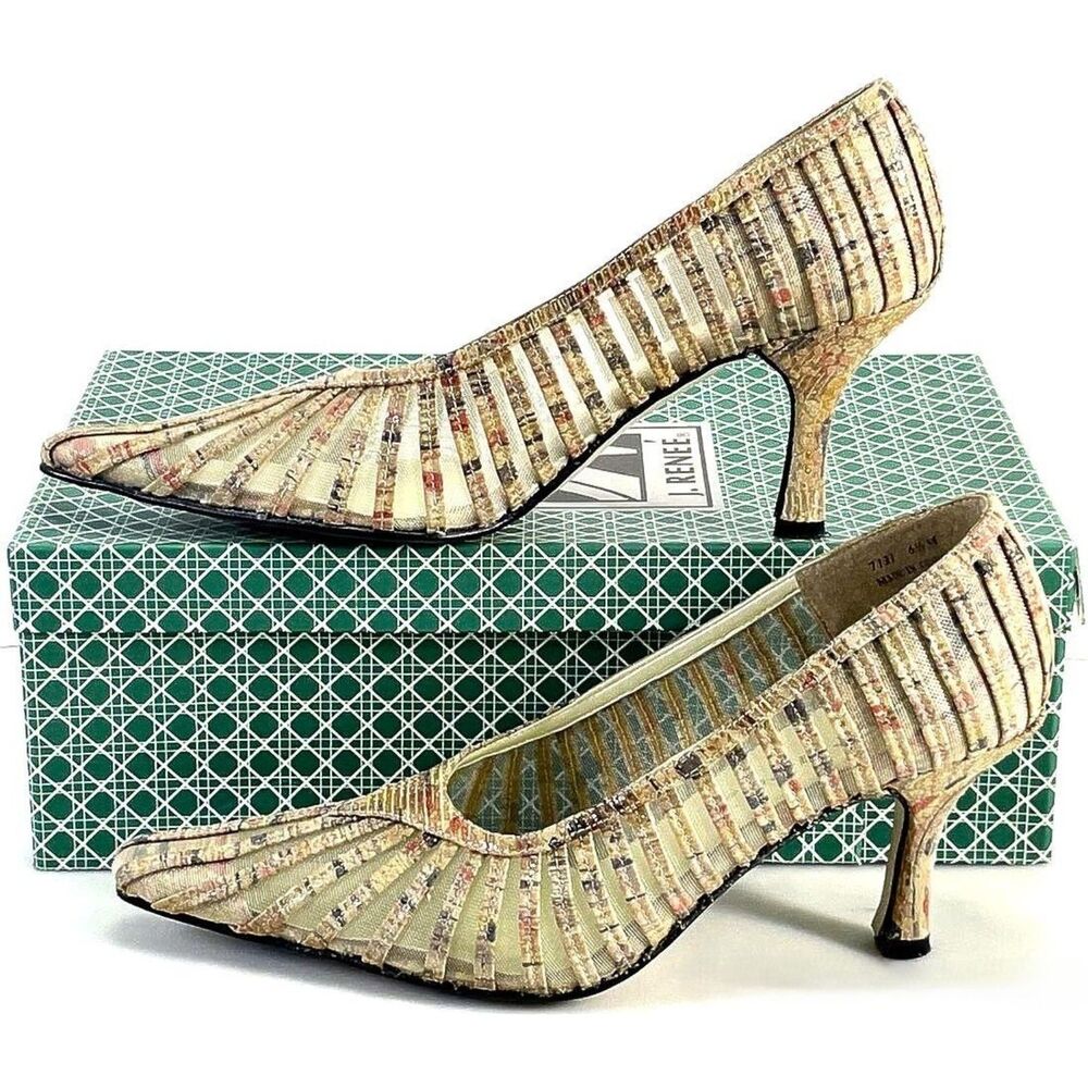 Vintage J. Renee' "Addison" Gold Metallic Pleated Pumps Kitten Heels Size 6.5M - Picture 4 of 7